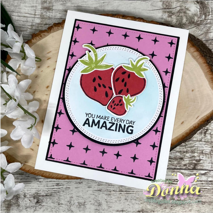 Gina K. Designs - Stamp & Die Set - Every Day Amazing. Every Day Amazing is a stamp set by Lisa Hetrick. This set is made of premium clear photopolymer and measures 6" X 8". Made in the USA. Available at Embellish Away located in Bowmanville Ontario Canada. Example by brand ambassador.