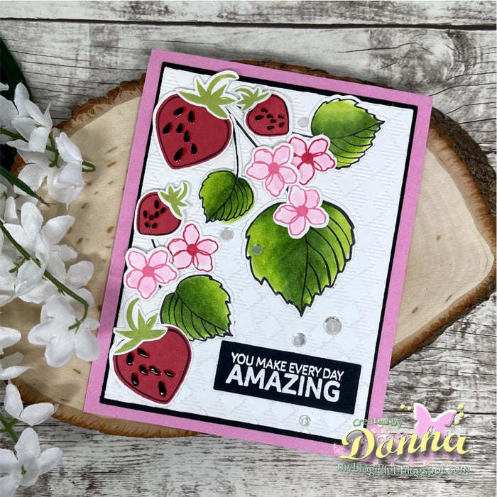 Gina K. Designs - Stamp & Die Set - Every Day Amazing. Every Day Amazing is a stamp set by Lisa Hetrick. This set is made of premium clear photopolymer and measures 6" X 8". Made in the USA. Available at Embellish Away located in Bowmanville Ontario Canada. Example by brand ambassador.