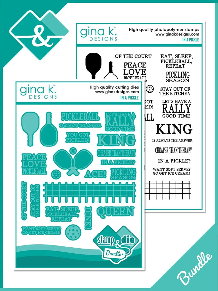 Gina K. Designs - Stamp &amp; Die Set - In a Pickle. In a Pickle is a stamp set by Beth Silika. This set is made of premium clear photopolymer and measures 6" X 8". Made in the USA. Available at Embellish Away located in Bowmanville Ontario Canada.