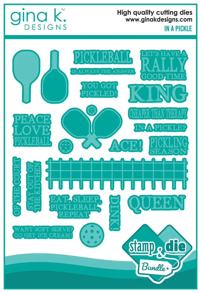 Gina K. Designs - Stamp &amp; Die Set - In a Pickle. In a Pickle is a stamp set by Beth Silika. This set is made of premium clear photopolymer and measures 6" X 8". Made in the USA. Available at Embellish Away located in Bowmanville Ontario Canada.