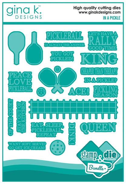 Gina K. Designs - Stamp &amp; Die Set - In a Pickle. In a Pickle is a stamp set by Beth Silika. This set is made of premium clear photopolymer and measures 6" X 8". Made in the USA. Available at Embellish Away located in Bowmanville Ontario Canada.