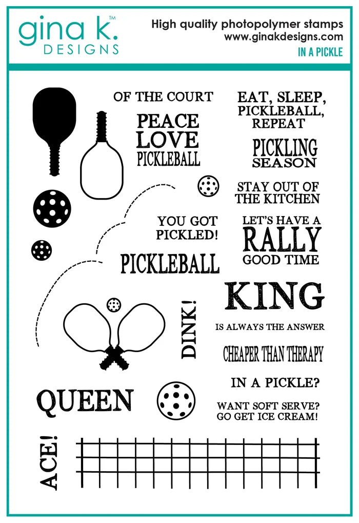 Gina K. Designs - Stamp &amp; Die Set - In a Pickle. In a Pickle is a stamp set by Beth Silika. This set is made of premium clear photopolymer and measures 6" X 8". Made in the USA. Available at Embellish Away located in Bowmanville Ontario Canada.
