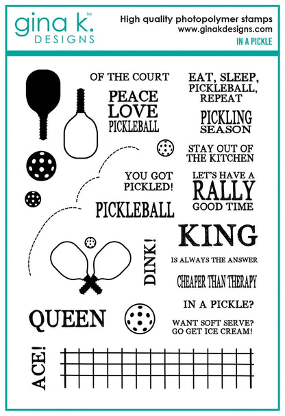 Gina K. Designs - Stamp &amp; Die Set - In a Pickle. In a Pickle is a stamp set by Beth Silika. This set is made of premium clear photopolymer and measures 6" X 8". Made in the USA. Available at Embellish Away located in Bowmanville Ontario Canada.