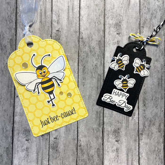 Gina K. Designs - Stamp & Die Set - Just Bee-cause. Just Bee-cause is a stamp set by Debrah Warner. This set is made of premium clear photopolymer and measures 4" X 6". Made in the USA. Available at Embellish Away located in Bowmanville Ontario Canada. Example by brand ambassador.