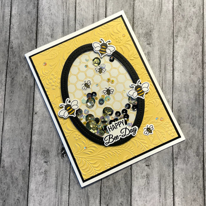 Gina K. Designs - Stamp & Die Set - Just Bee-cause. Just Bee-cause is a stamp set by Debrah Warner. This set is made of premium clear photopolymer and measures 4" X 6". Made in the USA. Available at Embellish Away located in Bowmanville Ontario Canada. Example by brand ambassador.