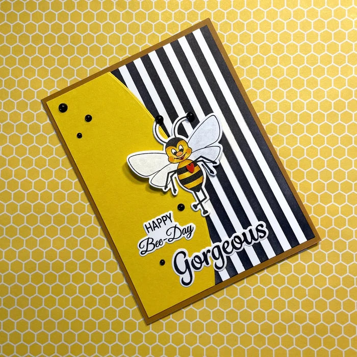 Gina K. Designs - Stamp & Die Set - Just Bee-cause. Just Bee-cause is a stamp set by Debrah Warner. This set is made of premium clear photopolymer and measures 4" X 6". Made in the USA. Available at Embellish Away located in Bowmanville Ontario Canada. Example by brand ambassador.