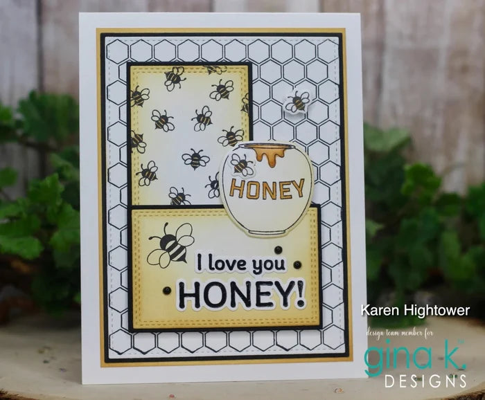 Gina K. Designs - Stamp & Die Set - Just Bee-cause. Just Bee-cause is a stamp set by Debrah Warner. This set is made of premium clear photopolymer and measures 4" X 6". Made in the USA. Available at Embellish Away located in Bowmanville Ontario Canada. Example by Karen Hightower.