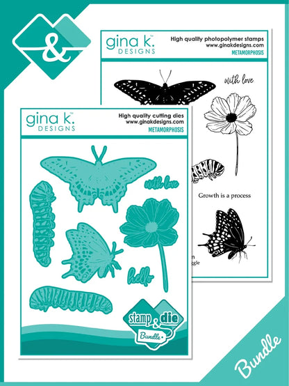 Gina K. Designs - Stamp &amp; Die Set - Metamorphosis. Metamorphosis is a stamp set by Hannah Drapinski. This set is made of premium clear photopolymer and measures 6" X 8". Made in the USA. Available at Embellish Away located in Bowmanville Ontario Canada.