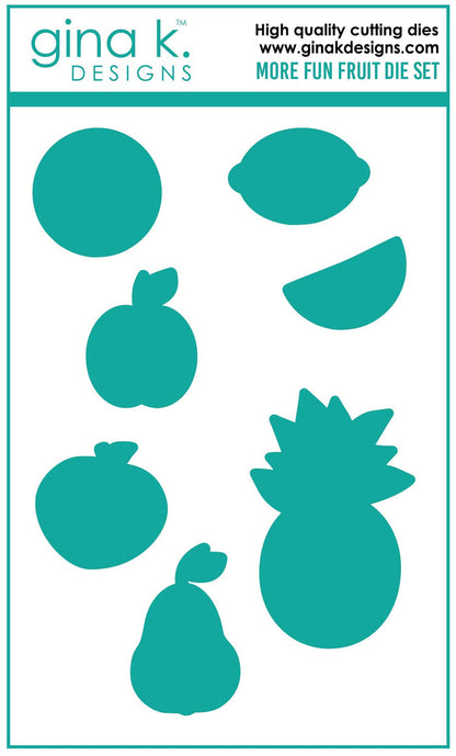 Gina K. Designs - Stamp & Die Set - More Fun Fruit. More Fun Fruit is a stamp & die set by Beth Silika. This set is made of premium clear photopolymer and measures 6" X 8". Made in the USA. Made in the USA. Available at Embellish Away located in Bowmanville Ontario Canada.