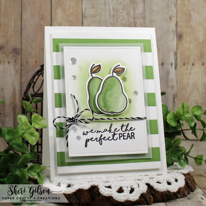 Gina K. Designs - Stamp & Die Set - More Fun Fruit. More Fun Fruit is a stamp & die set by Beth Silika. This set is made of premium clear photopolymer and measures 6" X 8". Made in the USA. Made in the USA. Available at Embellish Away located in Bowmanville Ontario Canada. Example by brand ambassador.