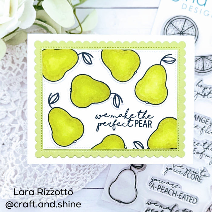 Gina K. Designs - Stamp & Die Set - More Fun Fruit. More Fun Fruit is a stamp & die set by Beth Silika. This set is made of premium clear photopolymer and measures 6" X 8". Made in the USA. Made in the USA. Available at Embellish Away located in Bowmanville Ontario Canada. Example by brand ambassador.