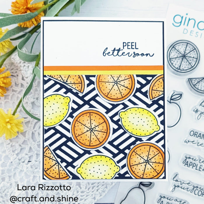 Gina K. Designs - Stamp & Die Set - More Fun Fruit. More Fun Fruit is a stamp & die set by Beth Silika. This set is made of premium clear photopolymer and measures 6" X 8". Made in the USA. Made in the USA. Available at Embellish Away located in Bowmanville Ontario Canada. Example by brand ambassador.