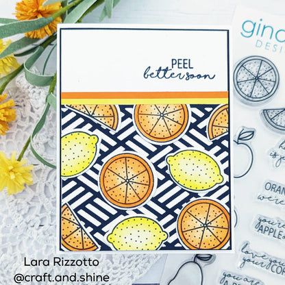 Gina K. Designs - Stamp & Die Set - More Fun Fruit. More Fun Fruit is a stamp & die set by Beth Silika. This set is made of premium clear photopolymer and measures 6" X 8". Made in the USA. Made in the USA. Available at Embellish Away located in Bowmanville Ontario Canada. Example by brand ambassador.