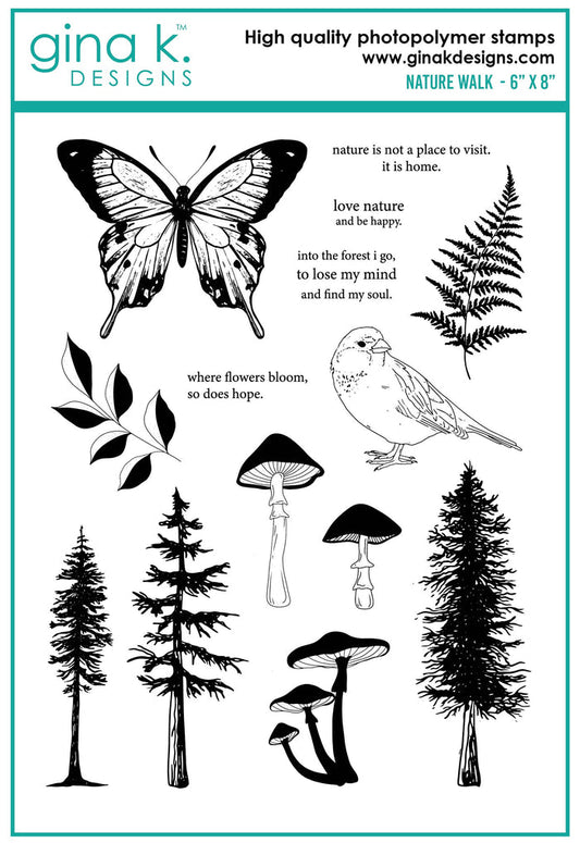 Gina K. Designs - Stamp & Die Set - Nature Walk. Nature Walk is a stamp set by Hannah Drapinski. This set is made of premium clear photopolymer and measures 6" X 8".  Made in the USA. Available at Embellish Away located in Bowmanville Ontario Canada.