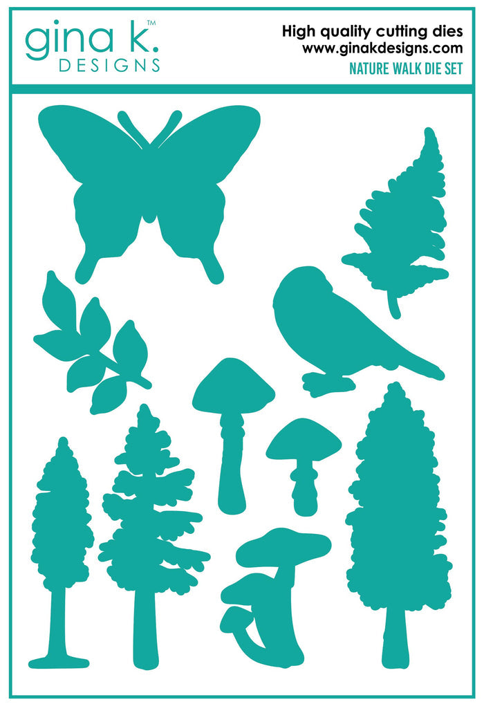 Gina K. Designs - Stamp & Die Set - Nature Walk. Nature Walk is a stamp set by Hannah Drapinski. This set is made of premium clear photopolymer and measures 6" X 8".  Made in the USA. Available at Embellish Away located in Bowmanville Ontario Canada.