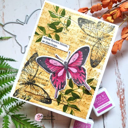 Gina K. Designs - Stamp & Die Set - Nature Walk. Nature Walk is a stamp set by Hannah Drapinski. This set is made of premium clear photopolymer and measures 6" X 8".  Made in the USA. Available at Embellish Away located in Bowmanville Ontario Canada. Example by brand ambassador.