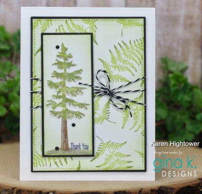 Gina K. Designs - Stamp & Die Set - Nature Walk. Nature Walk is a stamp set by Hannah Drapinski. This set is made of premium clear photopolymer and measures 6" X 8".  Made in the USA. Available at Embellish Away located in Bowmanville Ontario Canada. Example by brand ambassador.