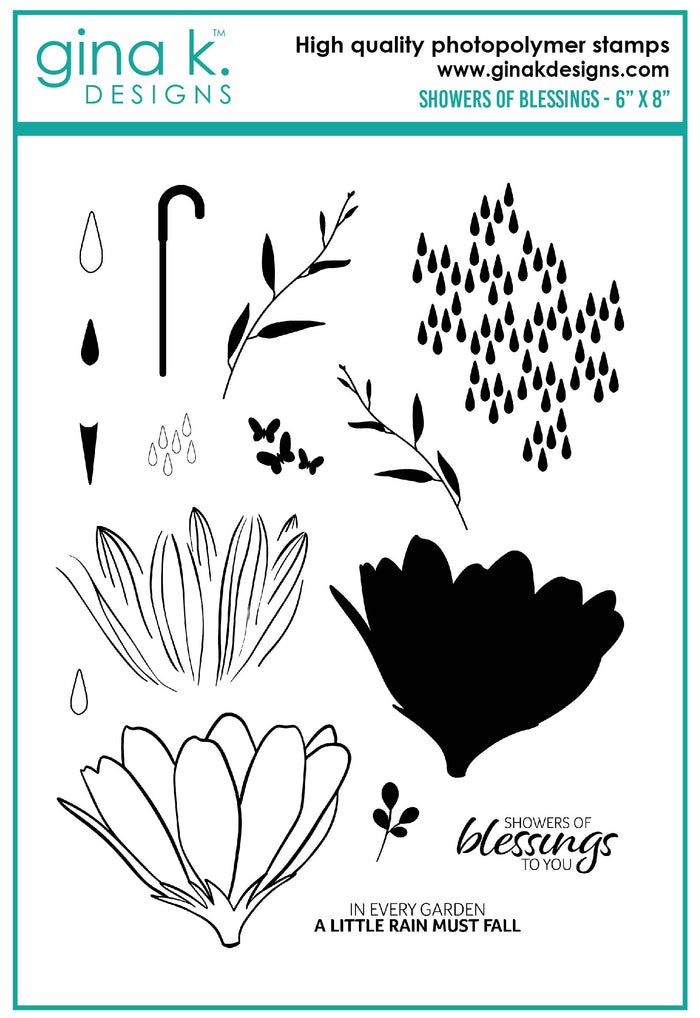 Gina K. Designs - Stamp & Die Set - Showers Of Blessings. Showers of Blessings is a stamp and die set by Lisa Hetrick. This set is made of premium clear photopolymer and measures 6" X 8". Available at Embellish Away located in Bowmanville Ontario Canada.