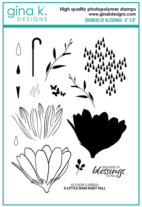 Gina K. Designs - Stamp & Die Set - Showers Of Blessings. Showers of Blessings is a stamp and die set by Lisa Hetrick. This set is made of premium clear photopolymer and measures 6" X 8". Available at Embellish Away located in Bowmanville Ontario Canada.