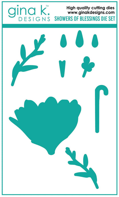 Gina K. Designs - Stamp & Die Set - Showers Of Blessings. Showers of Blessings is a stamp and die set by Lisa Hetrick. This set is made of premium clear photopolymer and measures 6" X 8". Available at Embellish Away located in Bowmanville Ontario Canada.