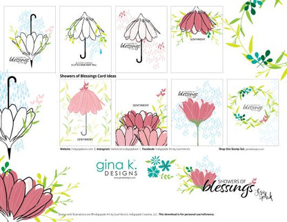 Gina K. Designs - Stamp & Die Set - Showers Of Blessings. Showers of Blessings is a stamp and die set by Lisa Hetrick. This set is made of premium clear photopolymer and measures 6" X 8". Available at Embellish Away located in Bowmanville Ontario Canada. Example by Lisa Hetrick.