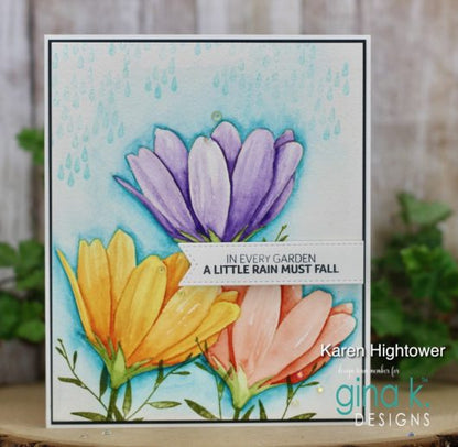 Gina K. Designs - Stamp & Die Set - Showers Of Blessings. Showers of Blessings is a stamp and die set by Lisa Hetrick. This set is made of premium clear photopolymer and measures 6" X 8". Available at Embellish Away located in Bowmanville Ontario Canada. Example by Karen Hightower