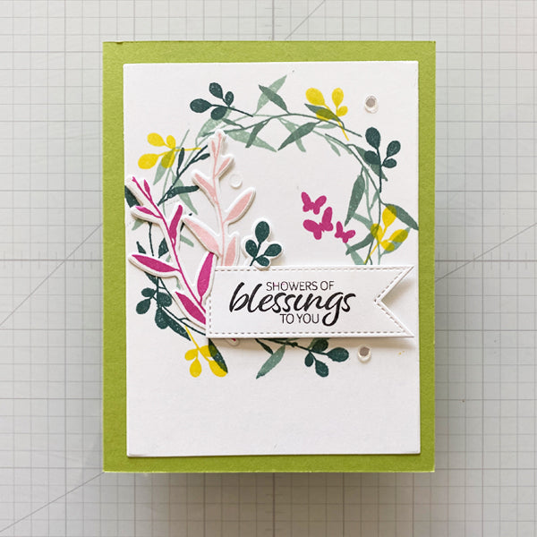 Gina K. Designs - Stamp & Die Set - Showers Of Blessings. Showers of Blessings is a stamp and die set by Lisa Hetrick. This set is made of premium clear photopolymer and measures 6" X 8". Available at Embellish Away located in Bowmanville Ontario Canada. Example by Lisa Hetrick.