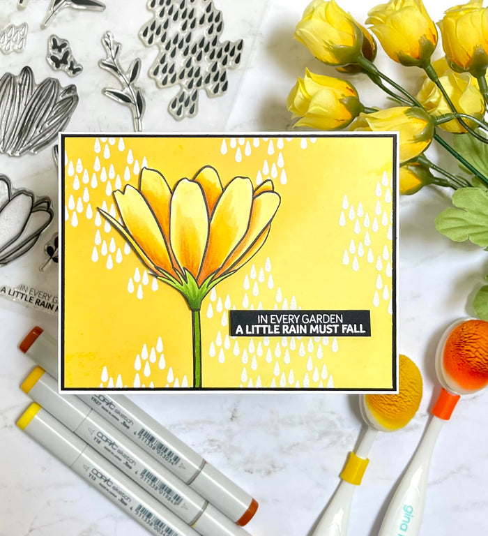 Gina K. Designs - Stamp & Die Set - Showers Of Blessings. Showers of Blessings is a stamp and die set by Lisa Hetrick. This set is made of premium clear photopolymer and measures 6" X 8". Available at Embellish Away located in Bowmanville Ontario Canada. Example by Lisa Hetrick.