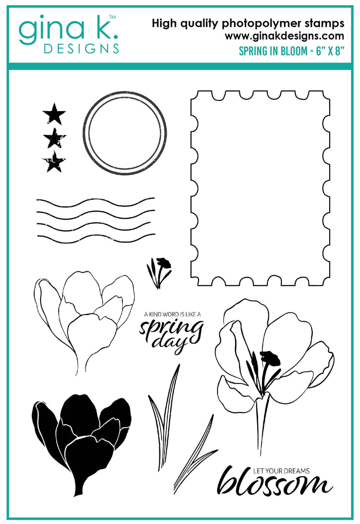 Gina K. Designs - Stamp & Die Set - Spring in Bloom. Spring in Bloom is a stamp set by Lisa Hetrick. This set is made of premium clear photopolymer and measures 6" X 8". Made in the USA. Available at Embellish Away located in Bowmanville Ontario Canada.