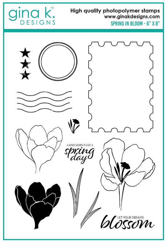 Gina K. Designs - Stamp & Die Set - Spring in Bloom. Spring in Bloom is a stamp set by Lisa Hetrick. This set is made of premium clear photopolymer and measures 6" X 8". Made in the USA. Available at Embellish Away located in Bowmanville Ontario Canada.
