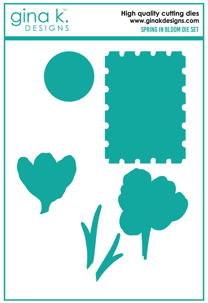 Gina K. Designs - Stamp & Die Set - Spring in Bloom. Spring in Bloom is a stamp set by Lisa Hetrick. This set is made of premium clear photopolymer and measures 6" X 8". Made in the USA. Available at Embellish Away located in Bowmanville Ontario Canada.