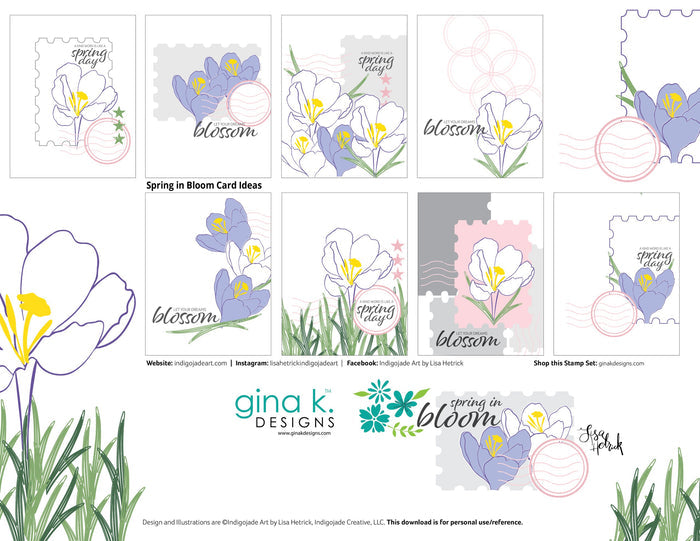 Gina K. Designs - Stamp & Die Set - Spring in Bloom. Spring in Bloom is a stamp set by Lisa Hetrick. This set is made of premium clear photopolymer and measures 6" X 8". Made in the USA. Available at Embellish Away located in Bowmanville Ontario Canada. Examples by Lisa Hetrick.