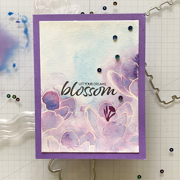 Gina K. Designs - Stamp & Die Set - Spring in Bloom. Spring in Bloom is a stamp set by Lisa Hetrick. This set is made of premium clear photopolymer and measures 6" X 8". Made in the USA. Available at Embellish Away located in Bowmanville Ontario Canada. Examples by brand ambassador.