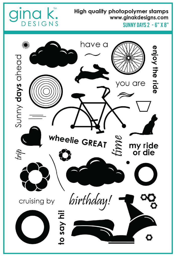 Gina K. Designs - Stamp & Die Set - Sunny Days 2. Sunny Days 2 is a Stamp & Die Set by Melanie Munchinger. This set is made of premium clear photopolymer and measures 6" X 8". Made in the USA. Available at Embellish Away located in Bowmanville Ontario Canada.