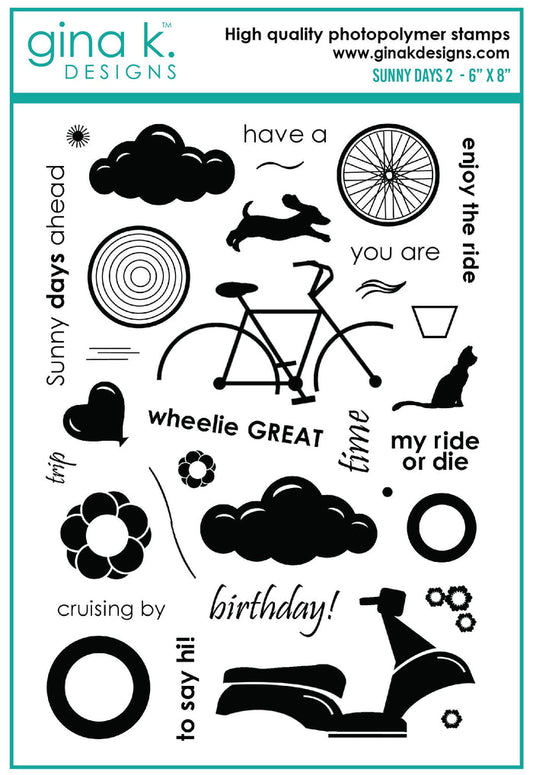 Gina K. Designs - Stamp & Die Set - Sunny Days 2. Sunny Days 2 is a Stamp & Die Set by Melanie Munchinger. This set is made of premium clear photopolymer and measures 6" X 8". Made in the USA. Available at Embellish Away located in Bowmanville Ontario Canada.