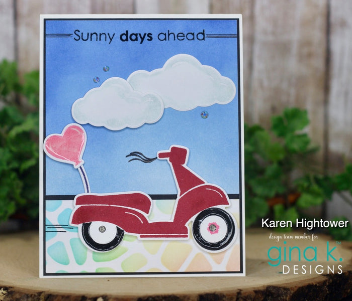 Gina K. Designs - Stamp & Die Set - Sunny Days 2. Sunny Days 2 is a Stamp & Die Set by Melanie Munchinger. This set is made of premium clear photopolymer and measures 6" X 8". Made in the USA. Available at Embellish Away located in Bowmanville Ontario Canada. Example by brand ambassador.