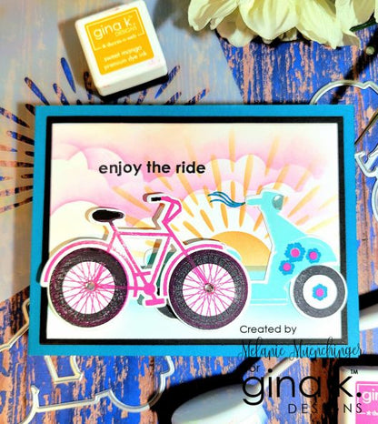 Gina K. Designs - Stamp & Die Set - Sunny Days 2. Sunny Days 2 is a Stamp & Die Set by Melanie Munchinger. This set is made of premium clear photopolymer and measures 6" X 8". Made in the USA. Available at Embellish Away located in Bowmanville Ontario Canada. Example by brand ambassador.