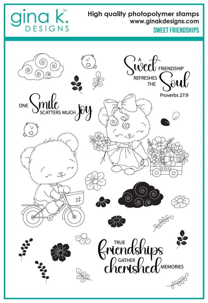 Gina K. Designs - Stamp &amp; Die Set - Sweet Friendships. Sweet Friendships is a stamp set by Dina Gerner. This set is made of premium clear photopolymer and measures 6" X 8". Made in the USA. Available at Embellish Away located in Bowmanville Ontario Canada.
