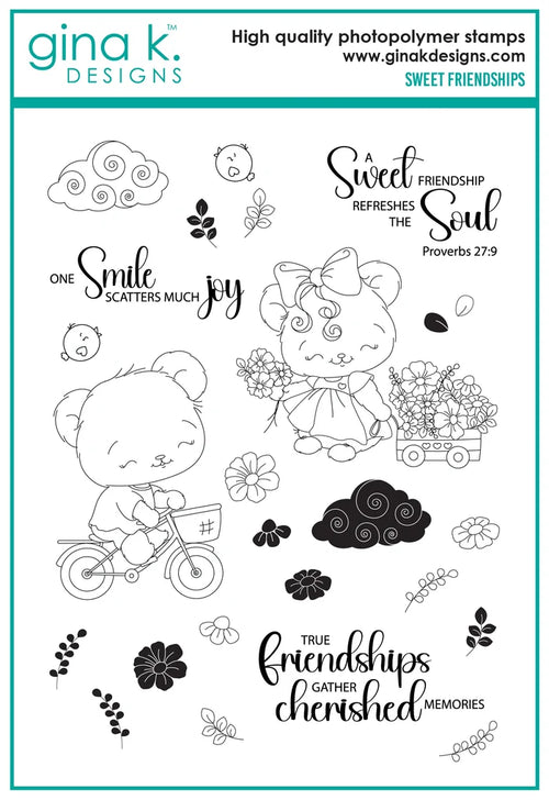 Gina K. Designs - Stamp &amp; Die Set - Sweet Friendships. Sweet Friendships is a stamp set by Dina Gerner. This set is made of premium clear photopolymer and measures 6" X 8". Made in the USA. Available at Embellish Away located in Bowmanville Ontario Canada.