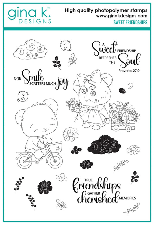 Gina K. Designs - Stamp &amp; Die Set - Sweet Friendships. Sweet Friendships is a stamp set by Dina Gerner. This set is made of premium clear photopolymer and measures 6" X 8". Made in the USA. Available at Embellish Away located in Bowmanville Ontario Canada.