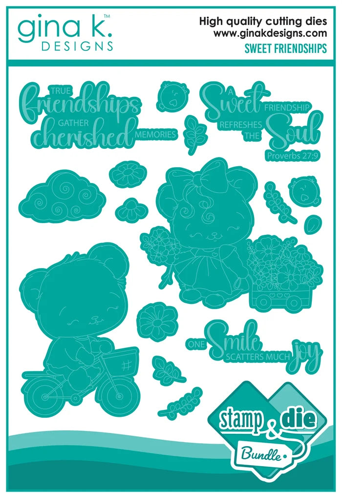 Gina K. Designs - Stamp &amp; Die Set - Sweet Friendships. Sweet Friendships is a stamp set by Dina Gerner. This set is made of premium clear photopolymer and measures 6" X 8". Made in the USA. Available at Embellish Away located in Bowmanville Ontario Canada.