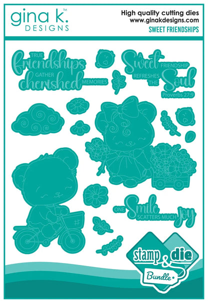 Gina K. Designs - Stamp &amp; Die Set - Sweet Friendships. Sweet Friendships is a stamp set by Dina Gerner. This set is made of premium clear photopolymer and measures 6" X 8". Made in the USA. Available at Embellish Away located in Bowmanville Ontario Canada.