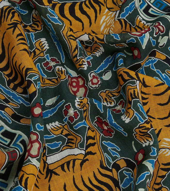 Green Tiger Motif Print Wool-Silk Pocket Square