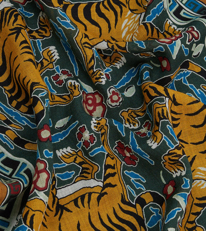 Green Tiger Motif Print Wool-Silk Pocket Square