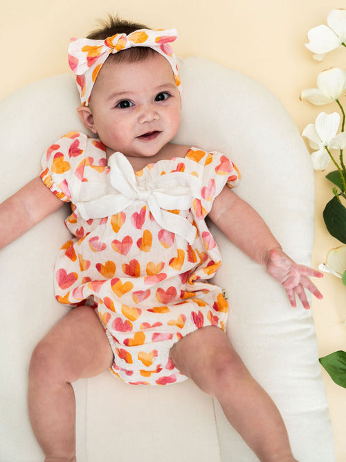 Hearts Baby Bubble Romper + Headband Full Set (Organic Muslin)