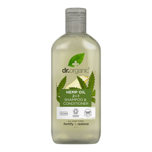 265 bottle Dr. Organic Hemp Oil 2-in-1 Shampoo & Conditioner with bilberry extract, made with natural ingredients.