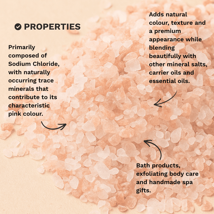 Infographic outlining the composition, texture and formulation properties of Coarse Himalayan Pink Salt