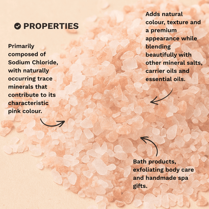 Infographic outlining the composition, texture and formulation properties of Coarse Himalayan Pink Salt