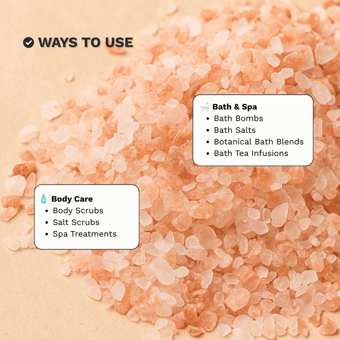 Infographic showing common bath, spa and body care uses for Coarse Himalayan Pink Salt