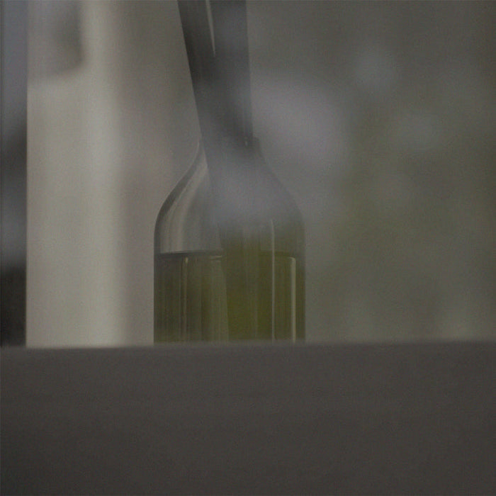 Close-up of reed diffuser glass neck with several black reeds